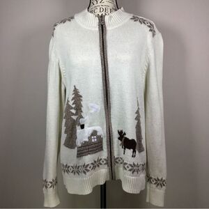 Moose, house and trees winter cardigan snowflake zipper pull Christmas sweater L